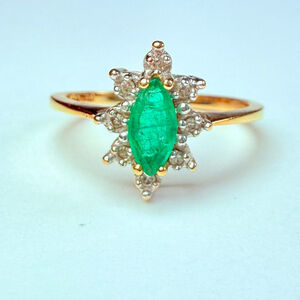 10K Yellow Gold .50 CT Colombian Marquise Emerald & Diamond Halo Vintage Ring